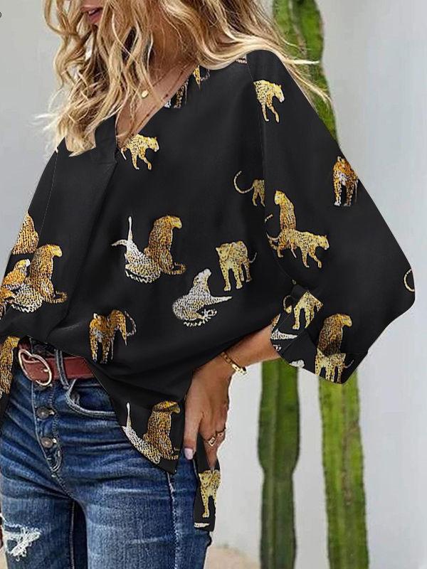 Women's Blouses Loose V-Neck Animal Print Long Sleeve Blouse - LuckyFash™