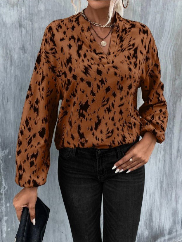 Blouses Loose V-Neck Printed Long Sleeve Blouse - LuckyFash™