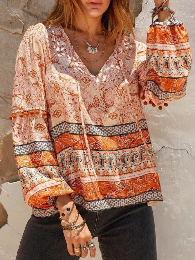 Women's Blouses Loose V-Neck Printed Long Sleeve Blouse - LuckyFash™