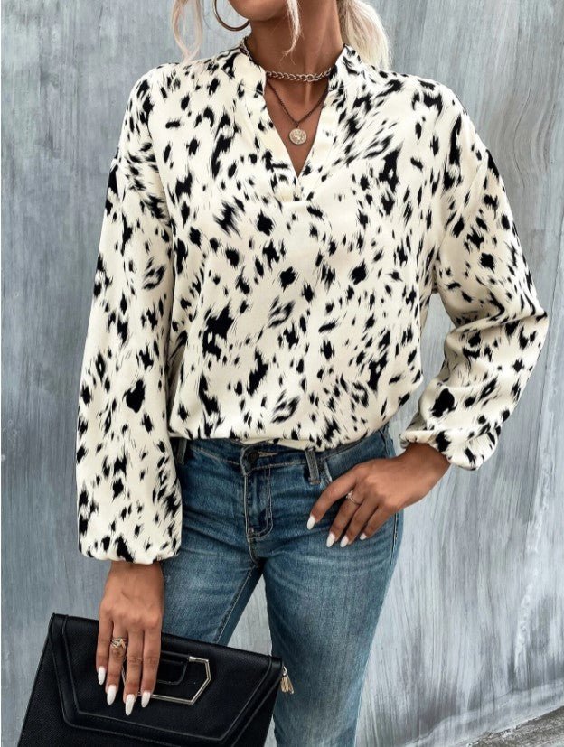 Blouses Loose V-Neck Printed Long Sleeve Blouse - LuckyFash™