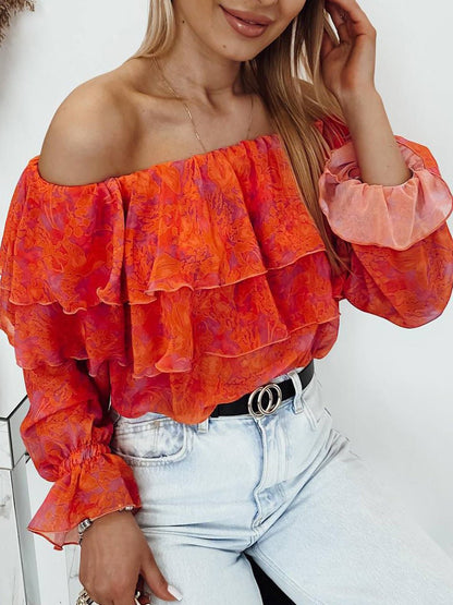 Women's Blouses One-Shoulder Print Long Sleeve Chiffon Blouses - LuckyFash™