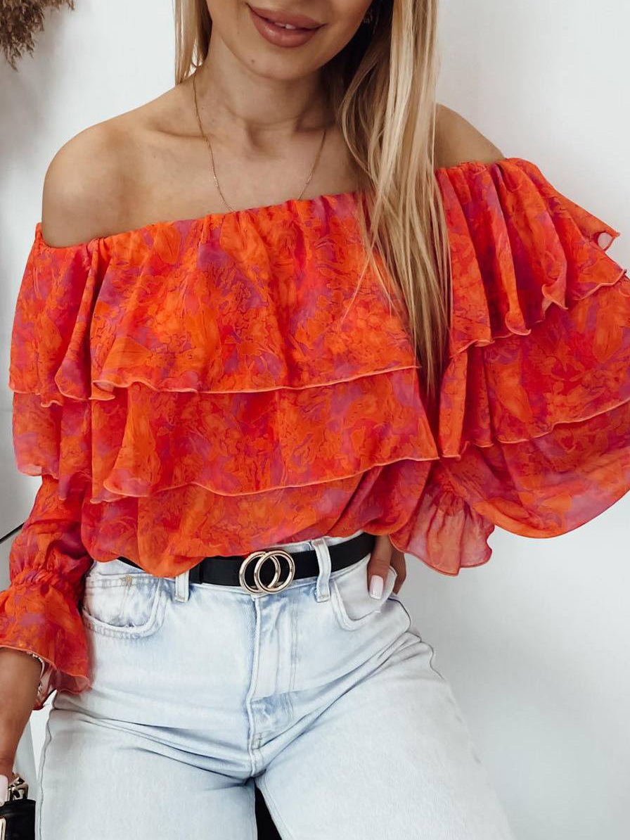 Women's Blouses One-Shoulder Print Long Sleeve Chiffon Blouses - LuckyFash™