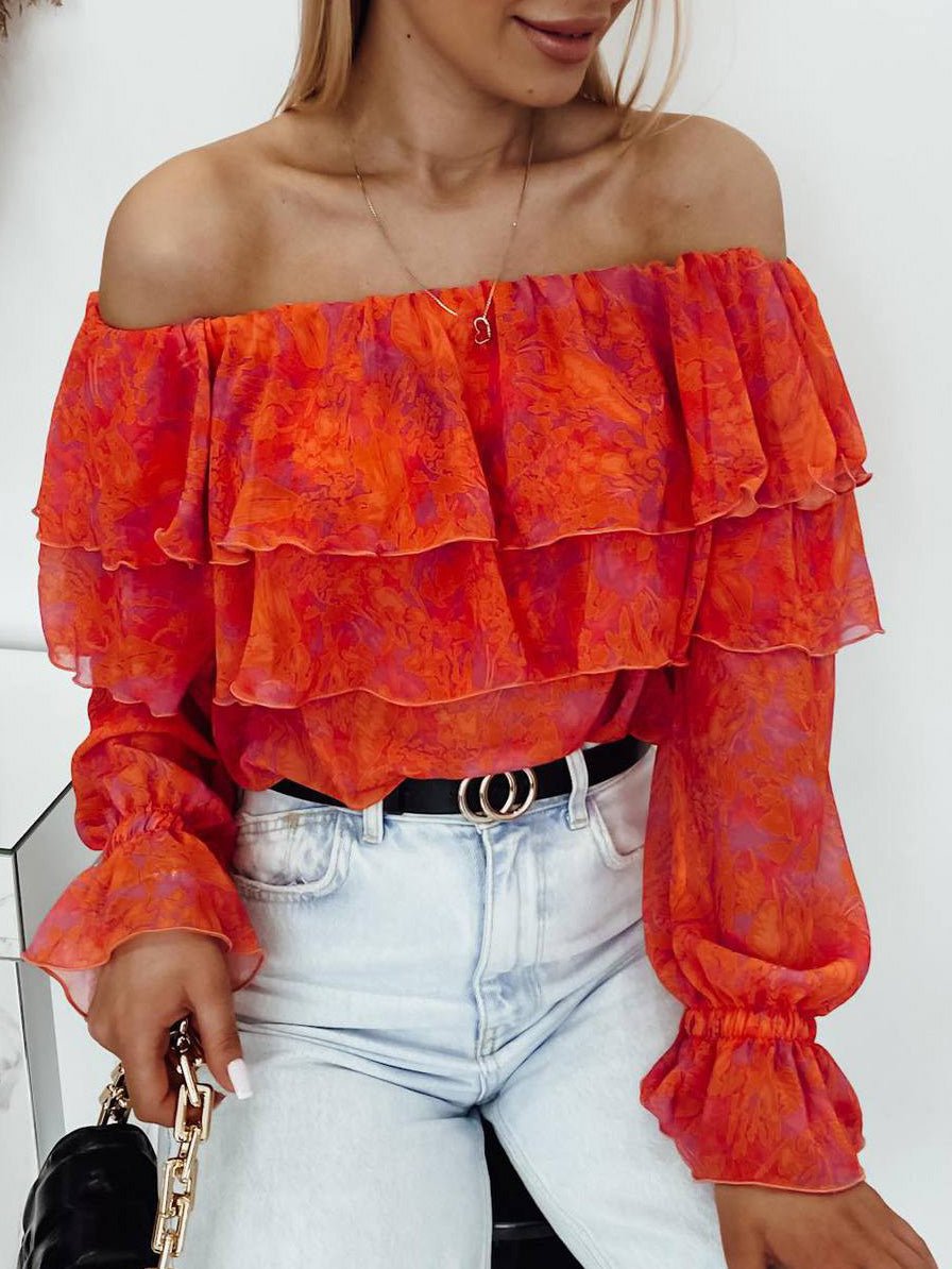 Women's Blouses One-Shoulder Print Long Sleeve Chiffon Blouses - LuckyFash™