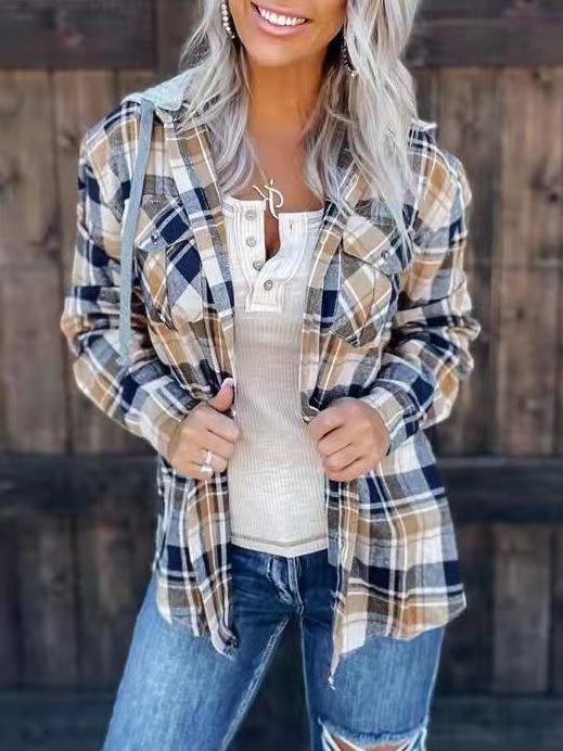 Blouses Plaid Detachable Hat Pocket Long Sleeve Blouse - LuckyFash™