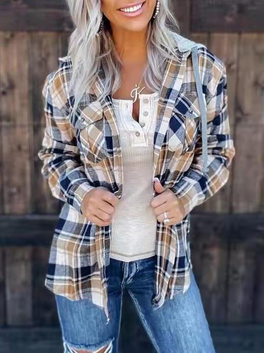 Blouses Plaid Detachable Hat Pocket Long Sleeve Blouse - LuckyFash™