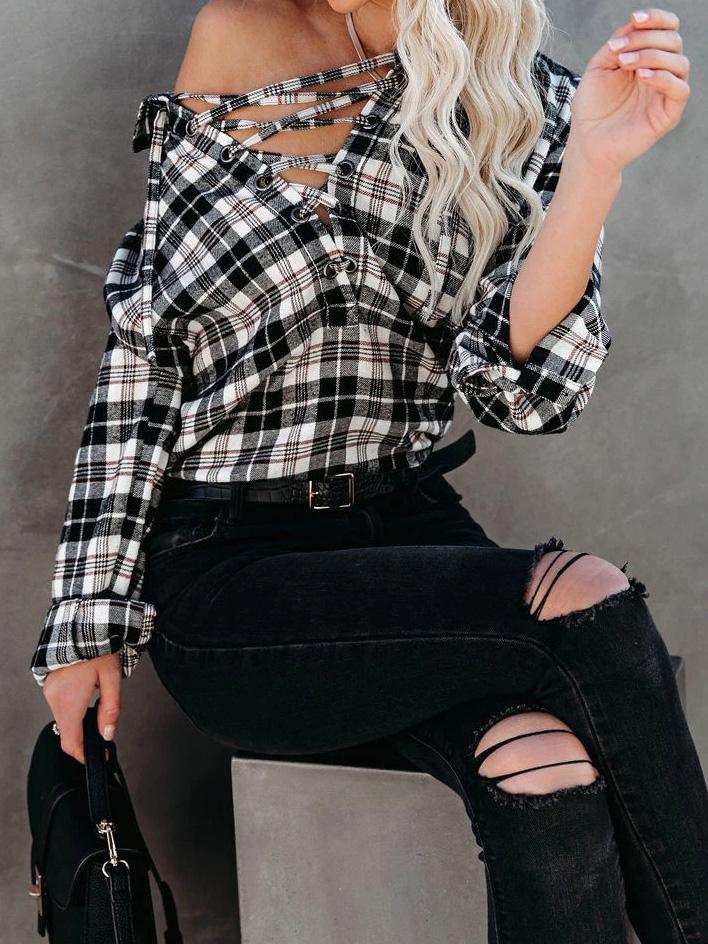 Women's Blouses Plaid Half-Placketed Belted Lapel  Comfortable Blouses - LuckyFash™