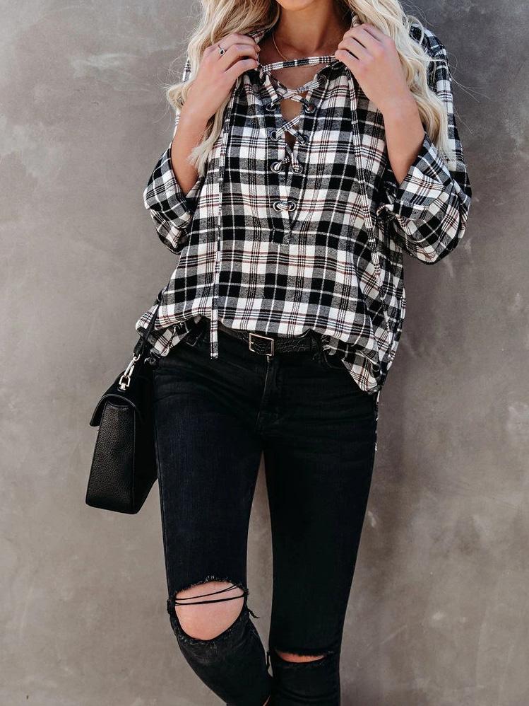 Women's Blouses Plaid Half-Placketed Belted Lapel  Comfortable Blouses - LuckyFash™
