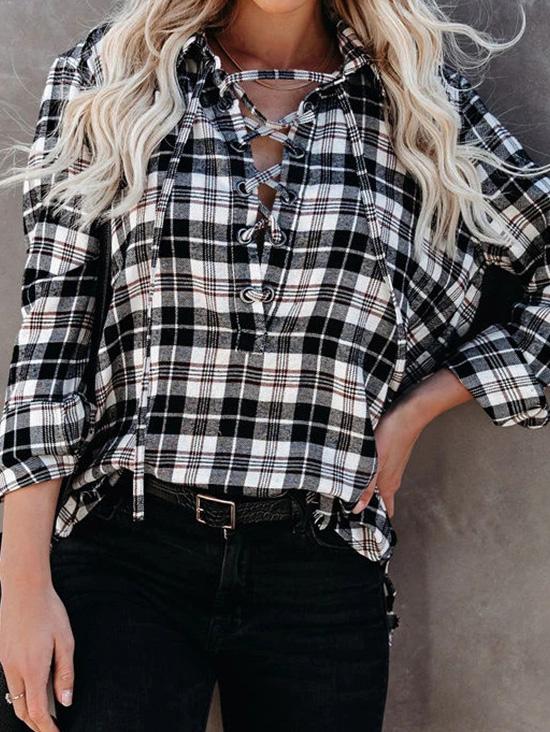 Women's Blouses Plaid Half-Placketed Belted Lapel  Comfortable Blouses - LuckyFash™