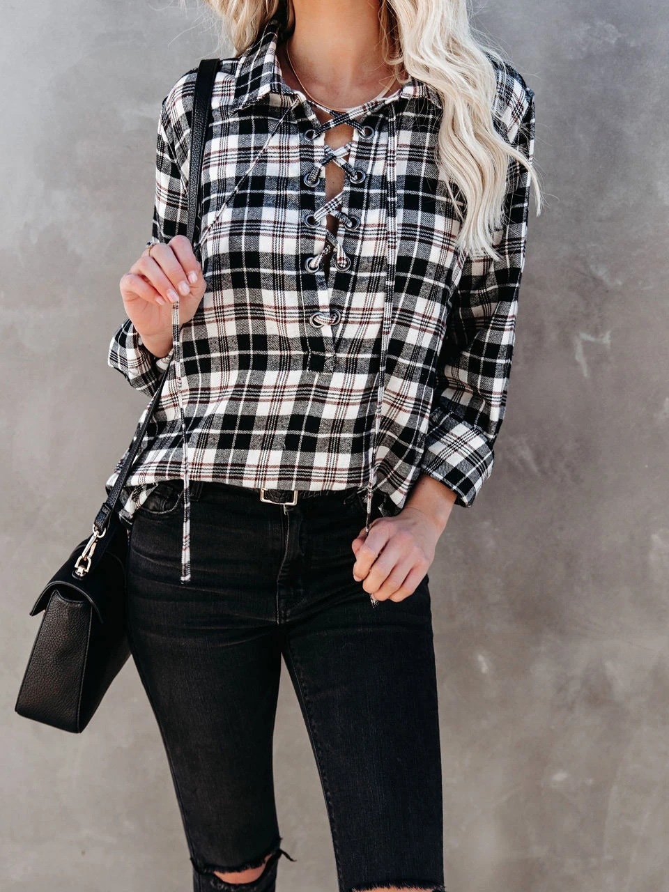 Women's Blouses Plaid Half-Placketed Belted Lapel  Comfortable Blouses - LuckyFash™