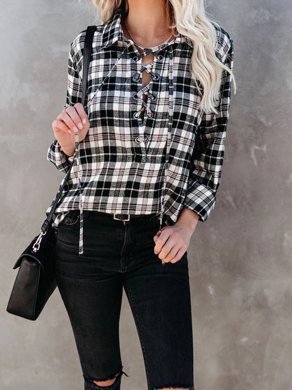 Women's Blouses Plaid Half-Placketed Belted Lapel  Comfortable Blouses - LuckyFash™