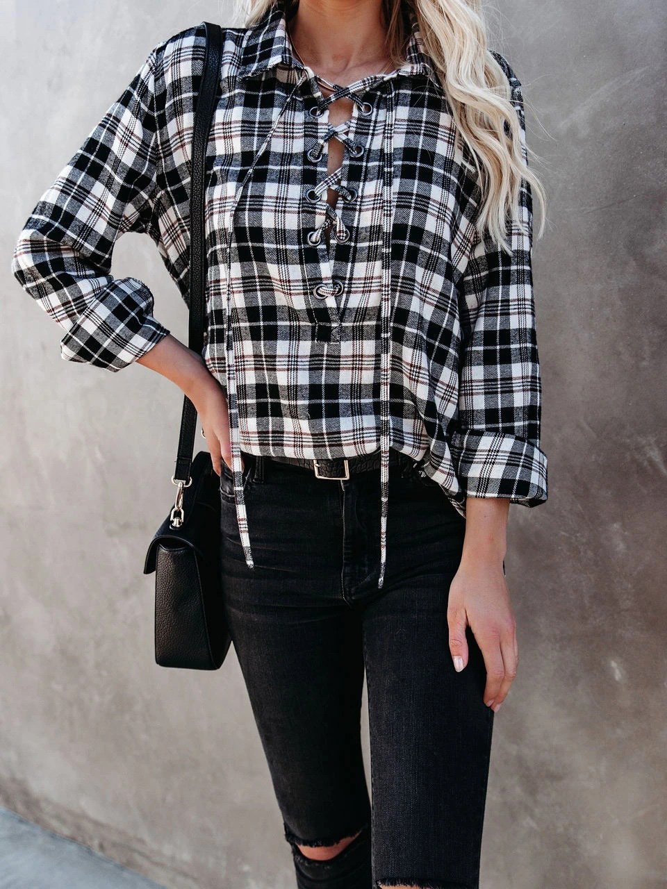 Women's Blouses Plaid Half-Placketed Belted Lapel  Comfortable Blouses - LuckyFash™