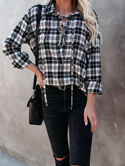 Women's Blouses Plaid Half-Placketed Belted Lapel  Comfortable Blouses - LuckyFash™