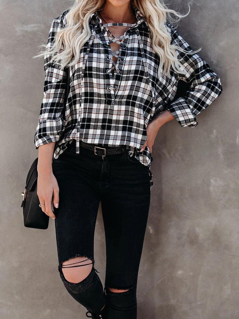 Women's Blouses Plaid Half-Placketed Belted Lapel  Comfortable Blouses - LuckyFash™