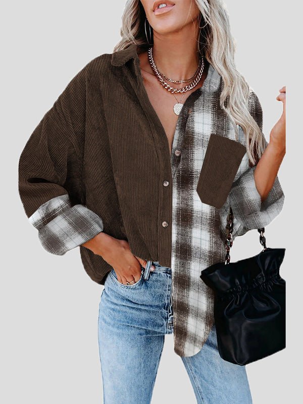 Women's Blouses Plaid Panel Pocket Long Sleeve Blouse - LuckyFash™