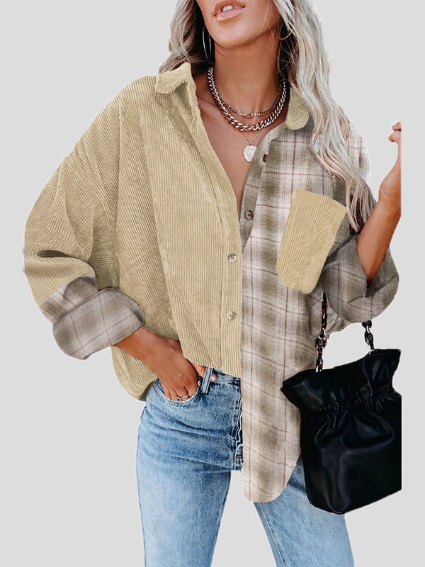 Women's Blouses Plaid Panel Pocket Long Sleeve Blouse - LuckyFash™