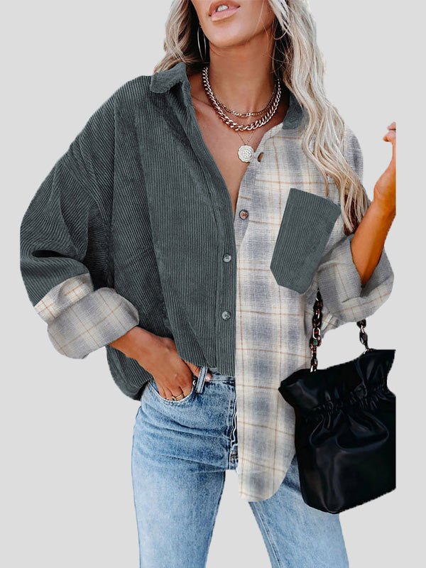 Women's Blouses Plaid Panel Pocket Long Sleeve Blouse - LuckyFash™