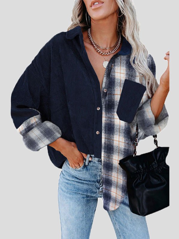 Women's Blouses Plaid Panel Pocket Long Sleeve Blouse - LuckyFash™