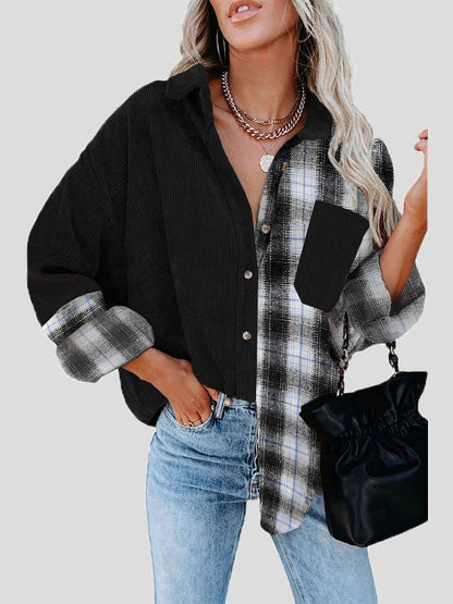 Women's Blouses Plaid Panel Pocket Long Sleeve Blouse - LuckyFash™