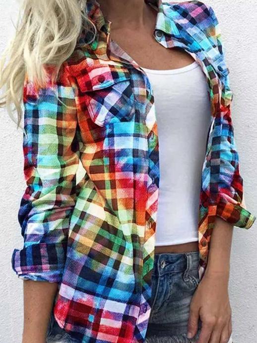 Women's Blouses Plaid Pocket Long Sleeve Stand Collar Blouses - LuckyFash™