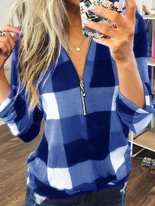 Blouses Plaid Print V Neck Zip Long Sleeve Blouse - LuckyFash™