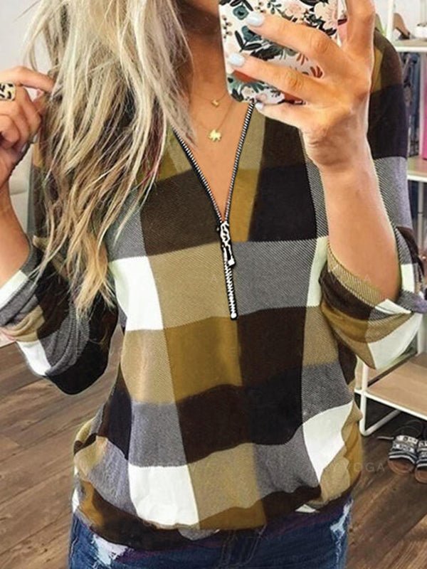 Blouses Plaid Print V Neck Zip Long Sleeve Blouse - LuckyFash™