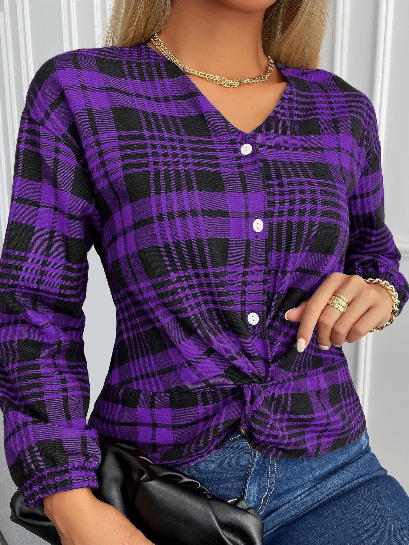 Blouses Plaid V-Neck Buttons Knotted Long Sleeves Blouse - LuckyFash™