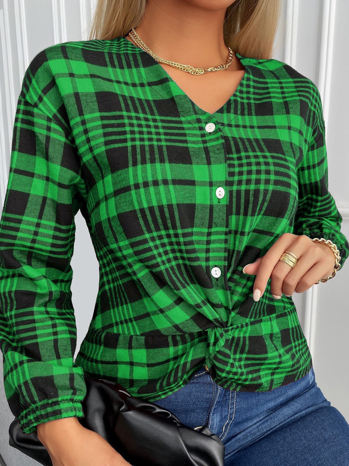 Blouses Plaid V-Neck Buttons Knotted Long Sleeves Blouse - LuckyFash™