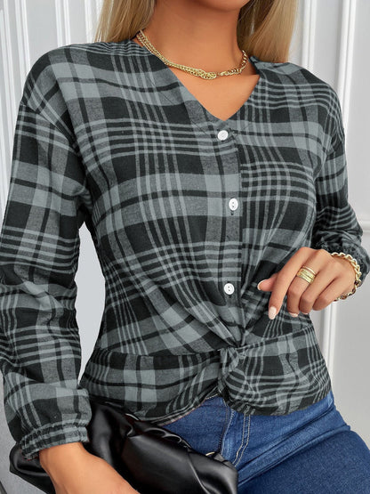 Blouses Plaid V-Neck Buttons Knotted Long Sleeves Blouse - LuckyFash™