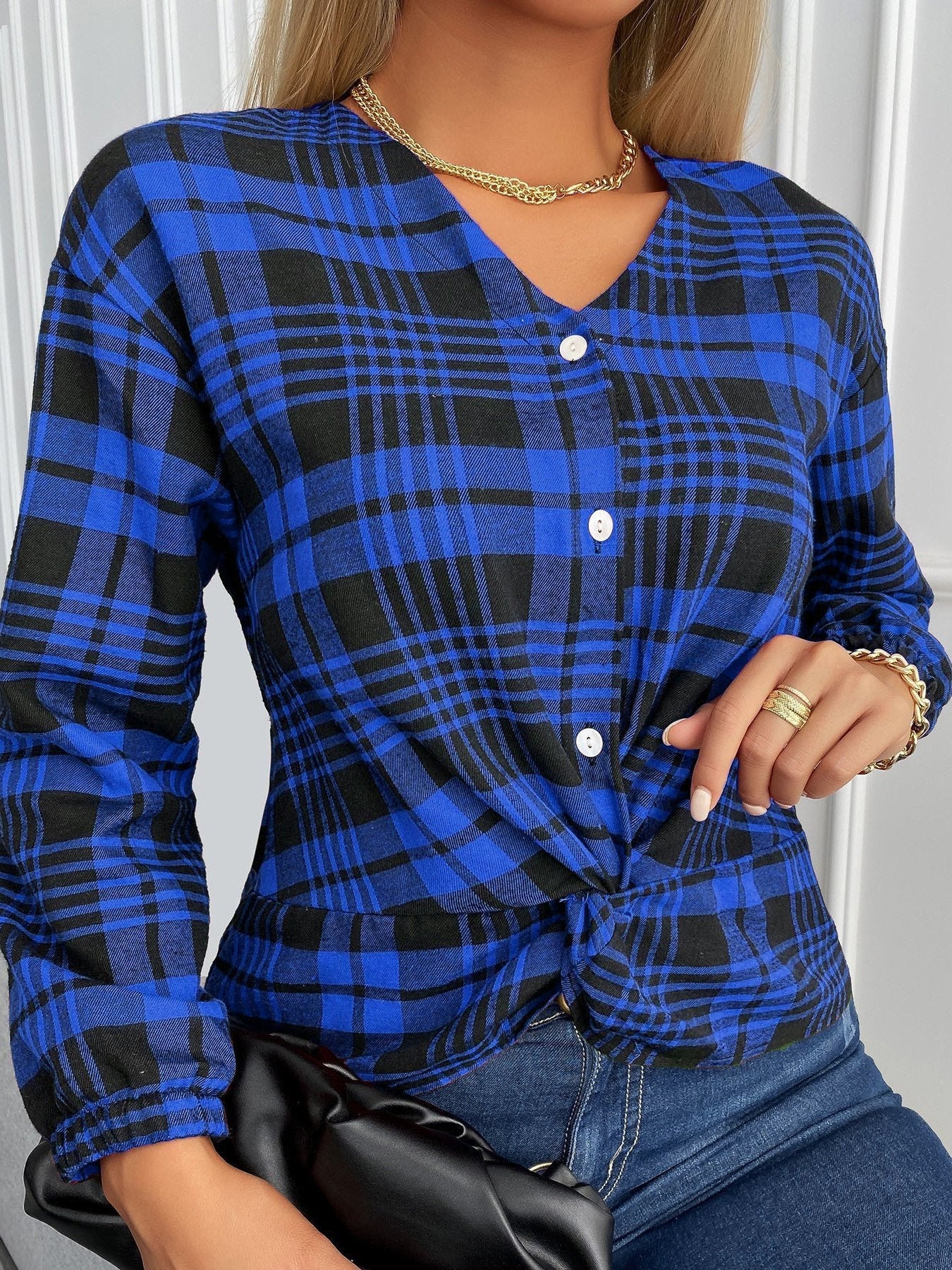 Blouses Plaid V-Neck Buttons Knotted Long Sleeves Blouse - LuckyFash™