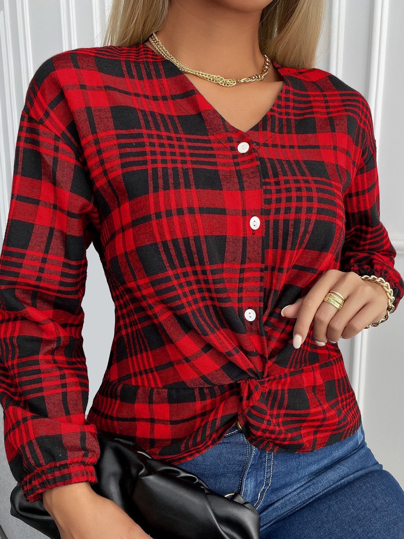 Blouses Plaid V-Neck Buttons Knotted Long Sleeves Blouse - LuckyFash™