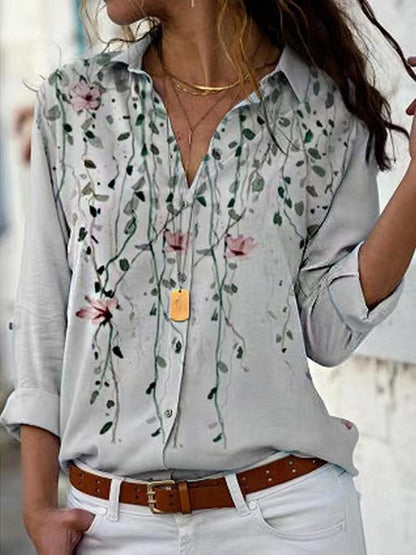 Women's Blouses Plant Print Lapel Long Sleeve Blouse - LuckyFash™