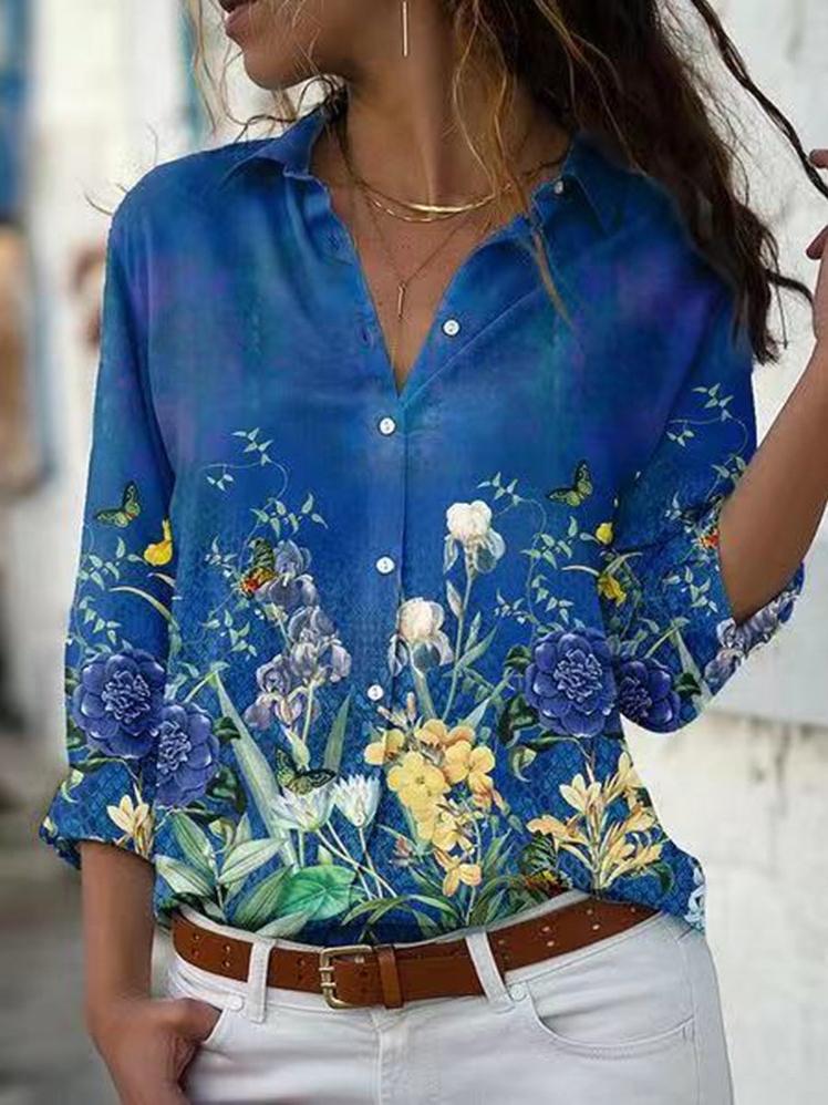 Women's Blouses Plant Print Lapel Long Sleeve Blouse - LuckyFash™