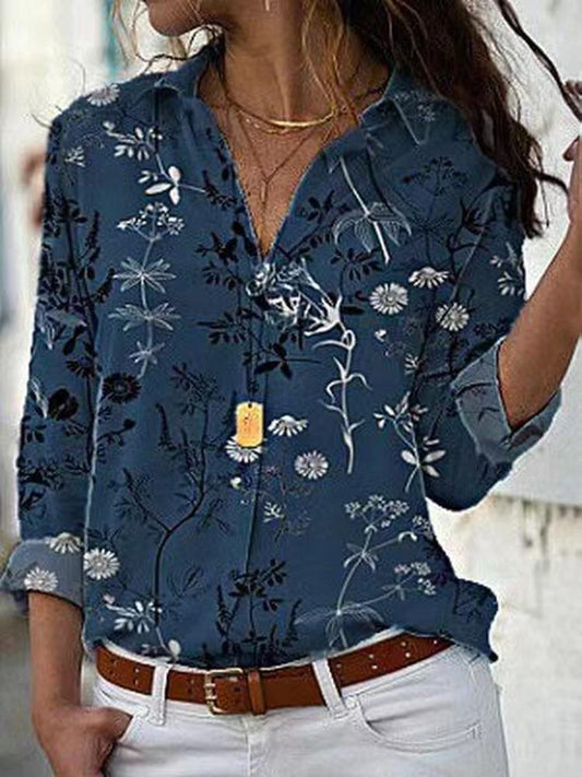 Women's Blouses Plant Print Lapel Long Sleeve Blouse - LuckyFash™