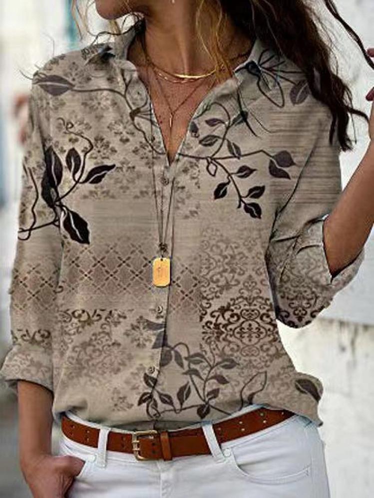 Women's Blouses Plant Print Lapel Long Sleeve Blouse - LuckyFash™