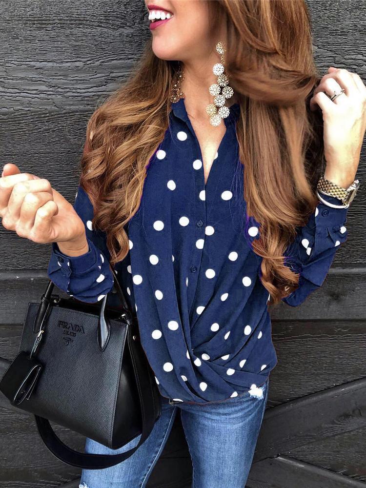 Blouses Polka Dot Button Long Sleeve Blouse - LuckyFash™