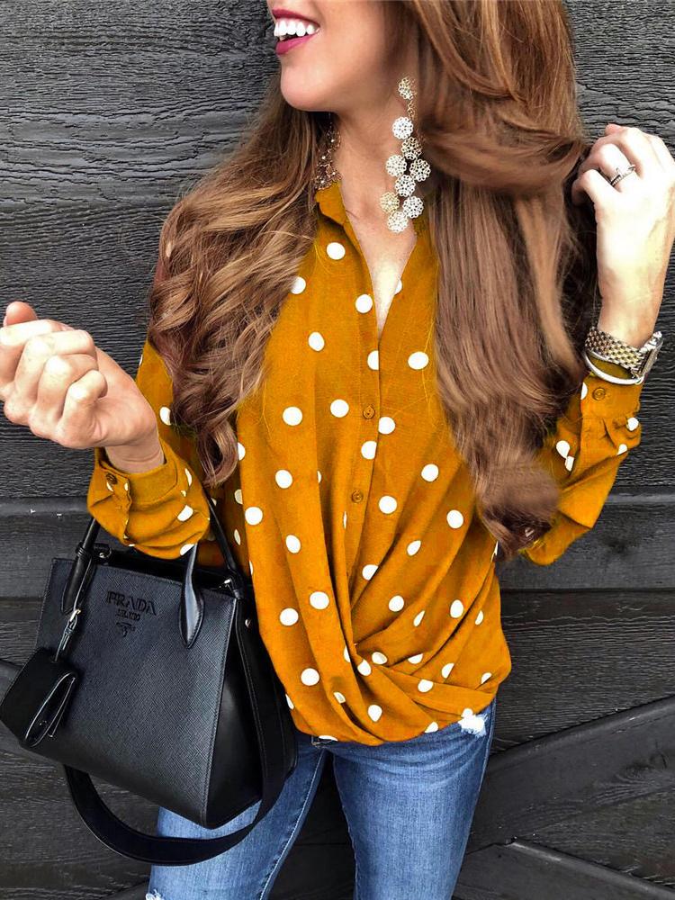 Blouses Polka Dot Button Long Sleeve Blouse - LuckyFash™