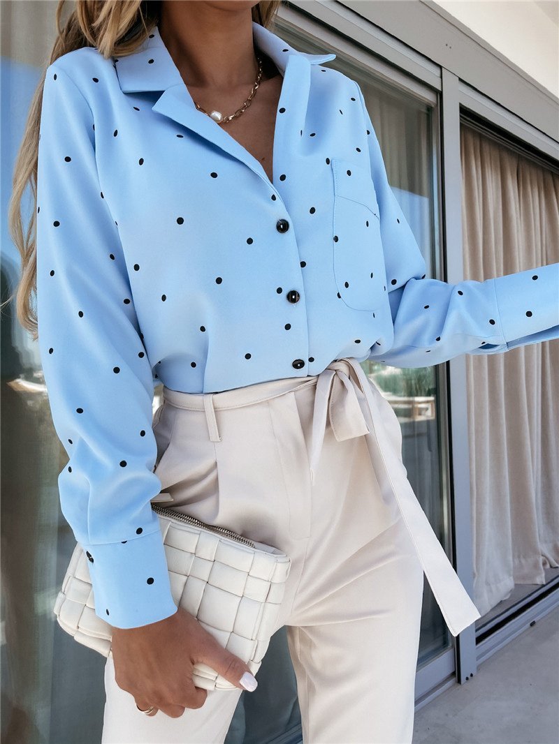 Blouses Polka Dot Button Pocket Long Sleeve Blouse - LuckyFash™