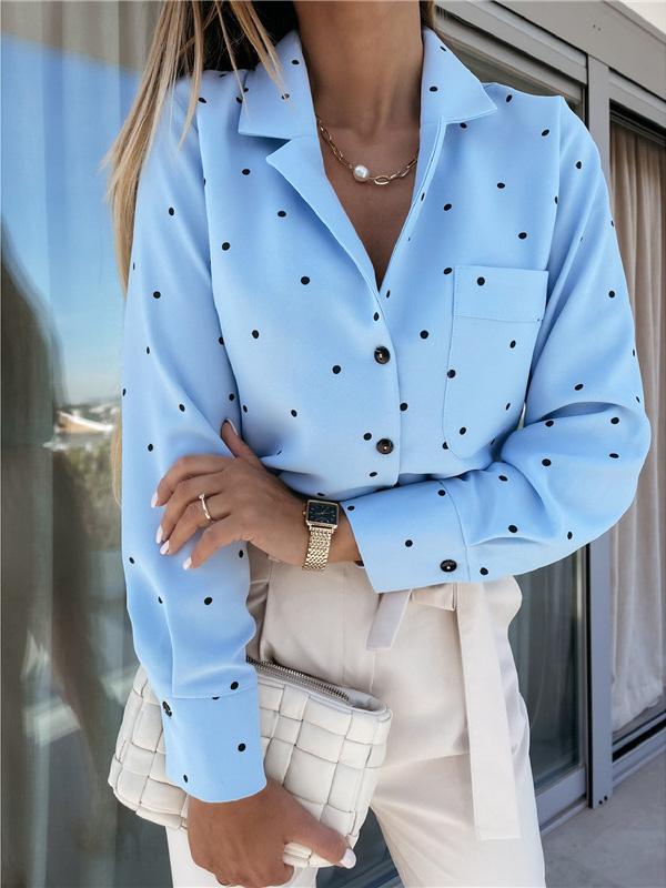 Blouses Polka Dot Button Pocket Long Sleeve Blouse - LuckyFash™