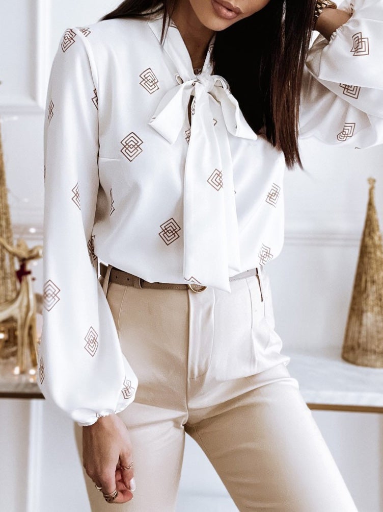 Women's Blouses Printed Belted Long Sleeve Blouse - LuckyFash™