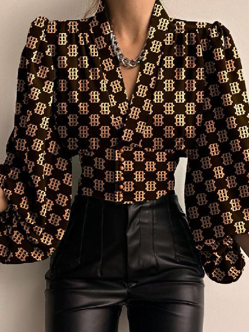 Women's Blouses Printed Button V-Neck Balloon Sleeve Blouse - LuckyFash™