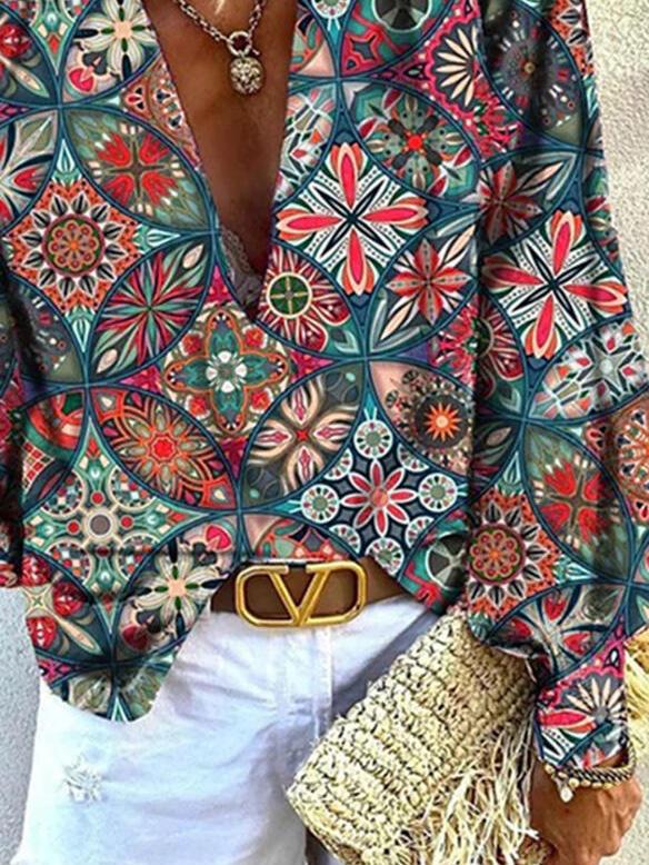 Women's Blouses Printed Deep V-Neck Long Sleeve Blouses - LuckyFash™