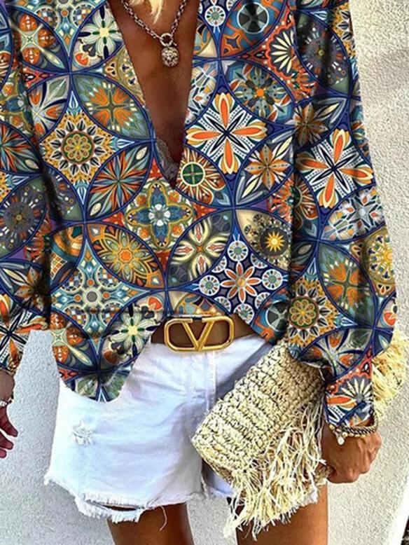 Women's Blouses Printed Deep V-Neck Long Sleeve Blouses - LuckyFash™