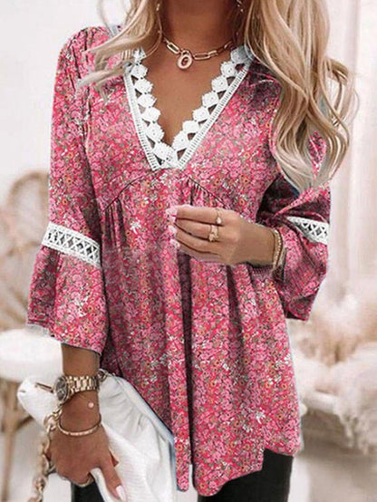 Women's Blouses Printed Lace V Neck 3/4 Sleeve Blouse - LuckyFash™