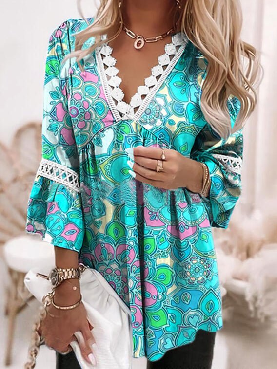 Women's Blouses Printed Lace V Neck 3/4 Sleeve Blouse - LuckyFash™