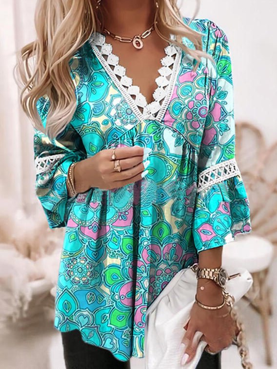 Women's Blouses Printed Lace V Neck 3/4 Sleeve Blouse - LuckyFash™