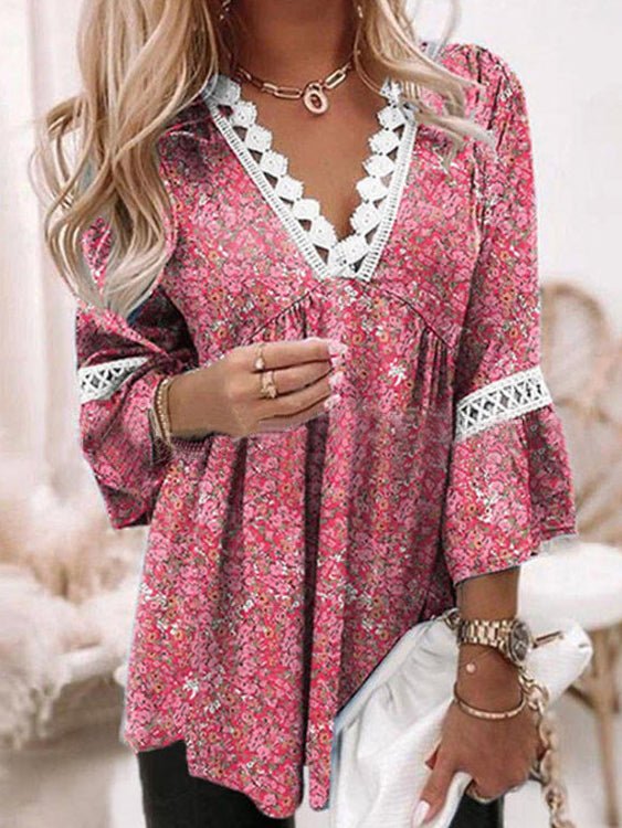 Women's Blouses Printed Lace V Neck 3/4 Sleeve Blouse - LuckyFash™