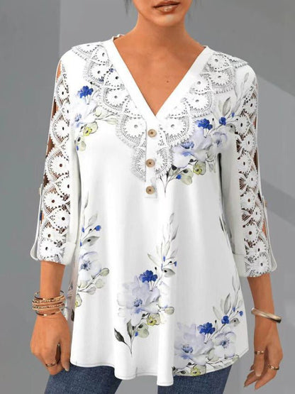 Women's Blouses Printed Lace V-Neck 3/4 Sleeves Blouse - LuckyFash™