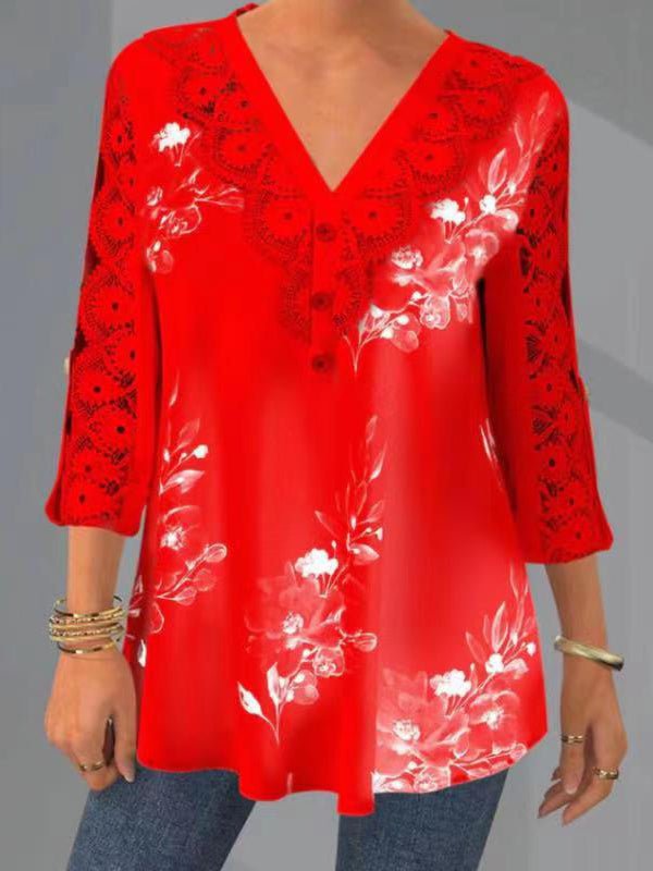 Women's Blouses Printed Lace V-Neck 3/4 Sleeves Blouse - LuckyFash™