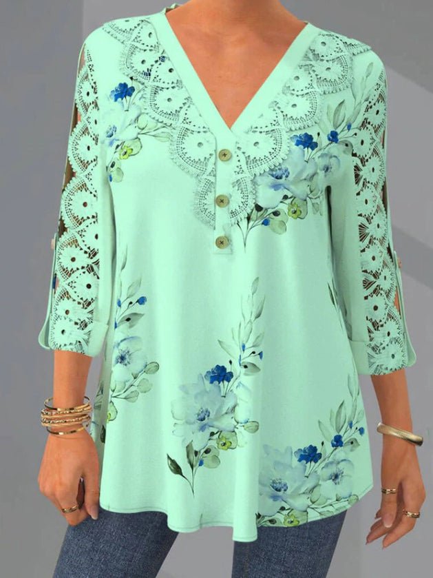 Women's Blouses Printed Lace V-Neck 3/4 Sleeves Blouse - LuckyFash™