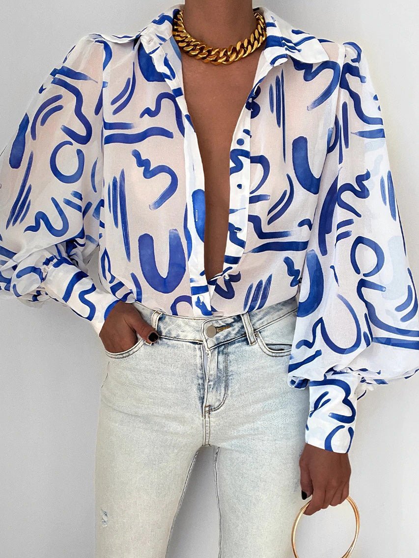 Women's Blouses Printed Lapel Balloon Sleeve Blouse - LuckyFash™